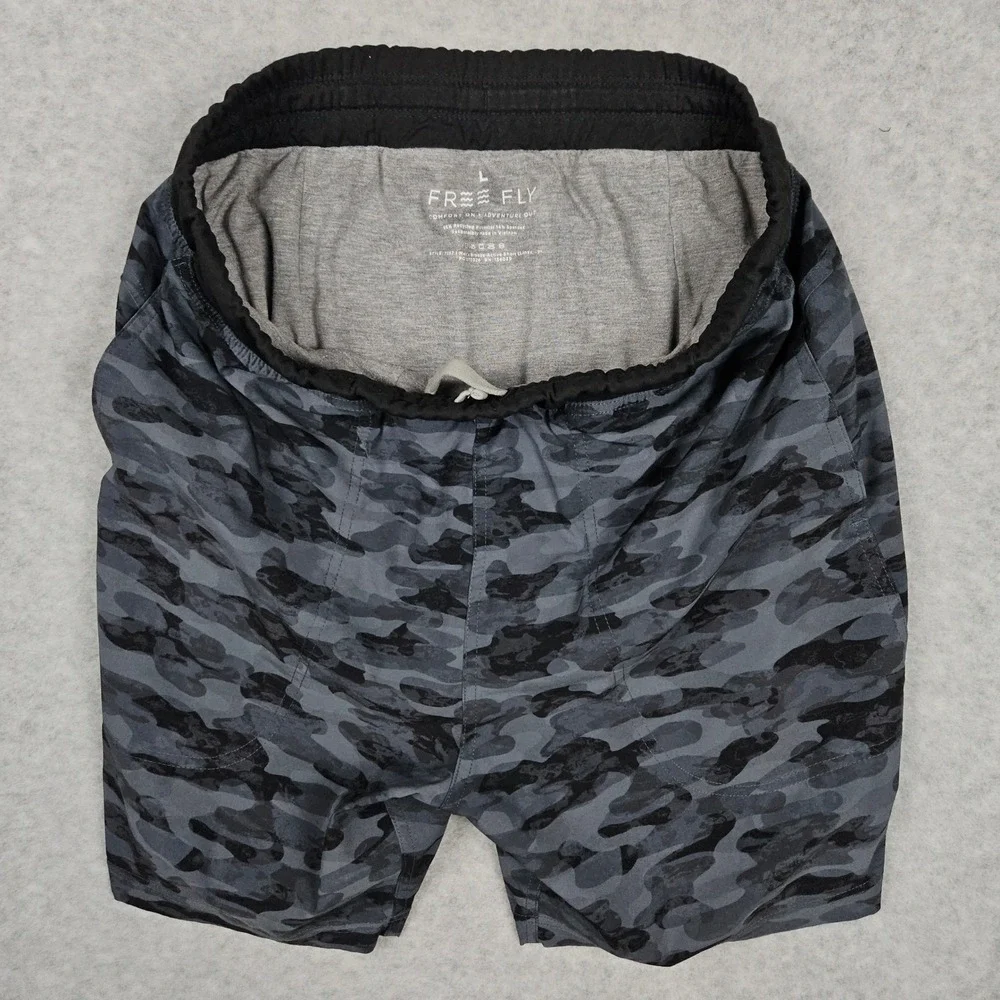 Free Fly Men Large Gray Shorts Breeze Active Camo Lined Athletic Gym Performance
